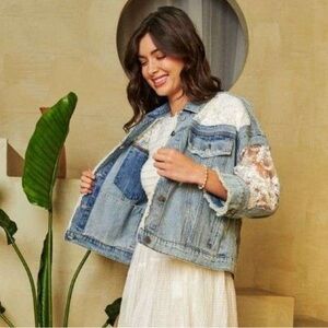 Davi & Dani Distressed Denim and Lace Jacket in Light Denim